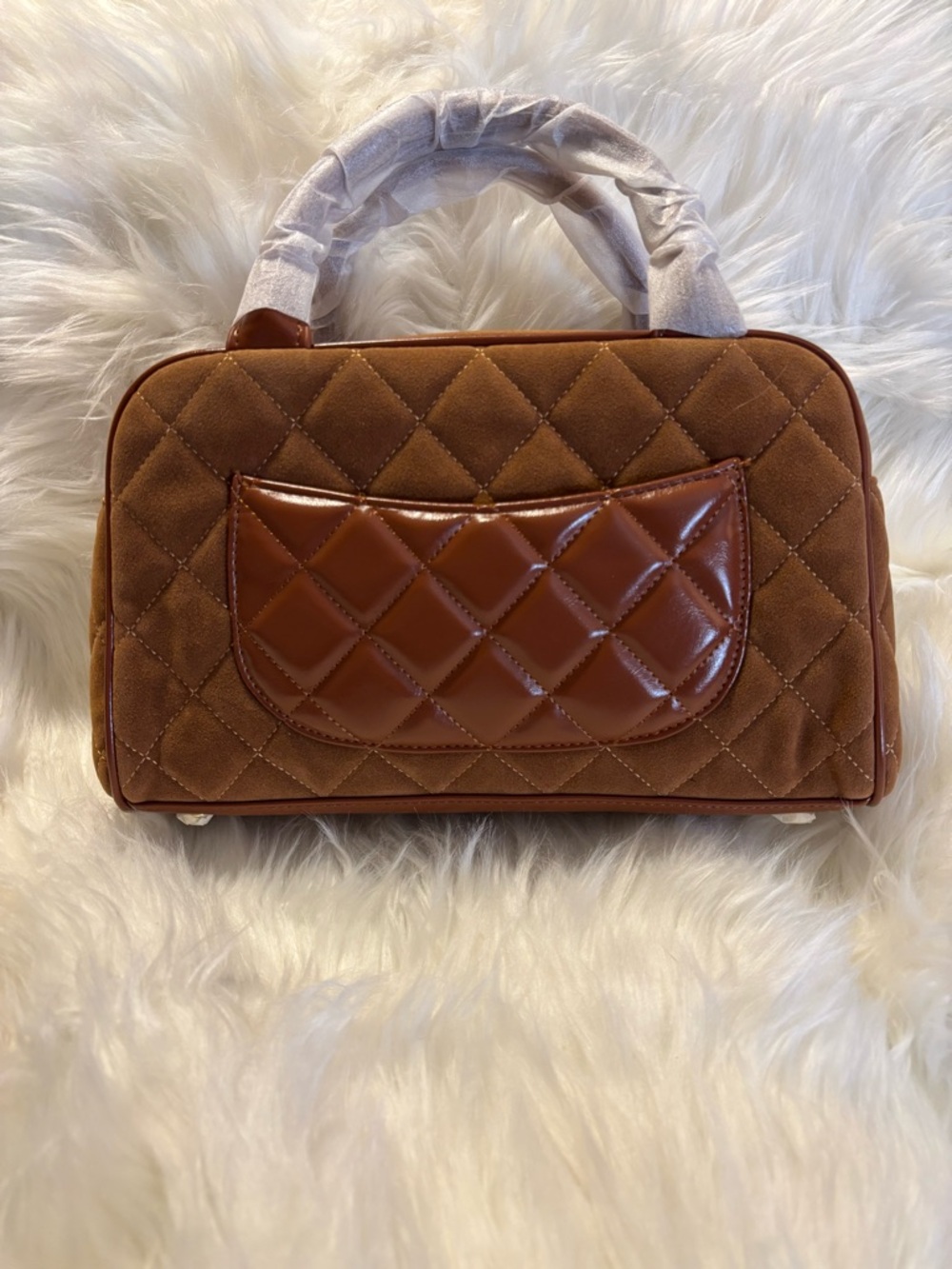 Brown Quilted Suede Top-Handle Satchel with Patent CC Logo - Picture 2 of 9